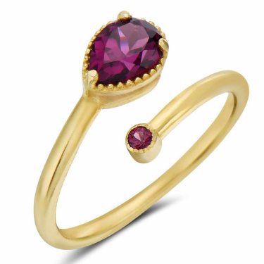 Petite wrap ring in yellow gold with rhodolite garnet, $145; Anatoli