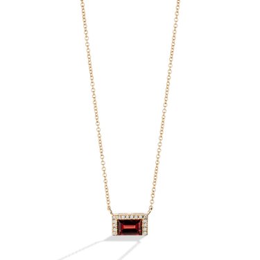 Framed necklace in 14k yellow gold with garnet and 0.04 ct. diamonds
