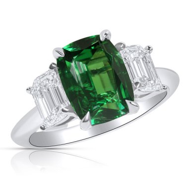 Three-stone ring in 18k white gold with 2.81 ct. tsavorite garnet and 0.9 ct. t.w. diamonds, $19,700; Steven Royce
